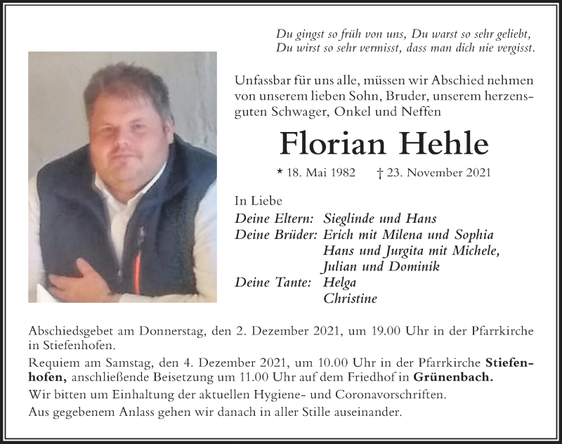  Traueranzeige für Florian Hehle vom 29.11.2021 aus Der Westallgäuer