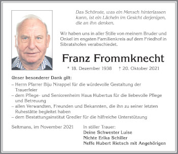 Traueranzeige von Franz Frommknecht von Allgäuer Zeitung,Kempten