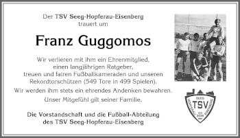 Traueranzeige von Franz Guggomos von Allgäuer Zeitung, Füssen