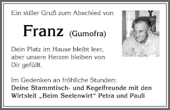 Traueranzeige von Franz Gumofra von Allgäuer Zeitung, Füssen