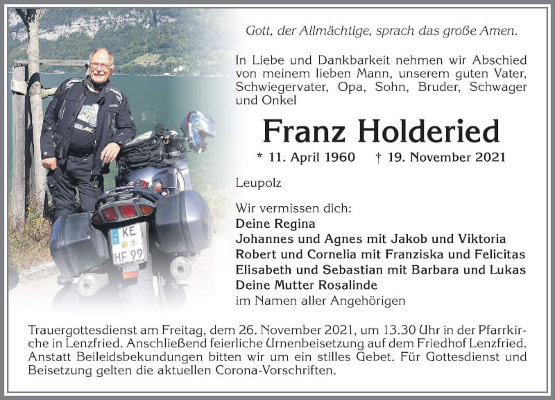  Traueranzeige für Franz Holderied vom 24.11.2021 aus Allgäuer Zeitung,Kempten