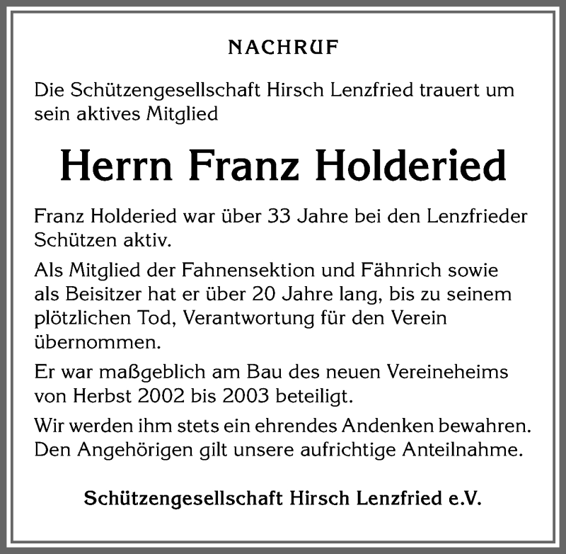  Traueranzeige für Franz Holderied vom 26.11.2021 aus Allgäuer Zeitung,Kempten