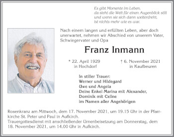 Traueranzeige von Franz Inmann von Allgäuer Zeitung, Kaufbeuren/Buchloe