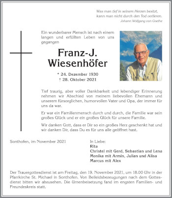 Traueranzeige von Franz-J. Wiesenhöfer von Allgäuer Anzeigeblatt