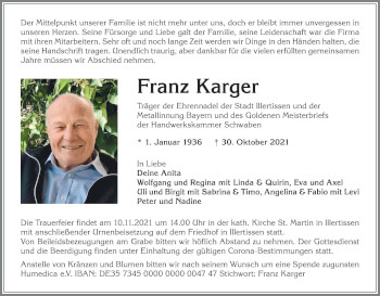 Traueranzeige von Franz Karger von Allgäuer Anzeigeblatt