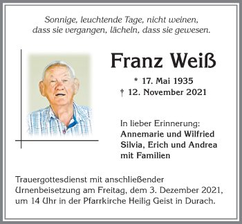 Traueranzeige von Franz Weiß von Allgäuer Zeitung,Kempten