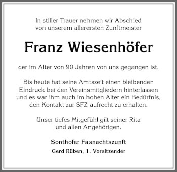 Traueranzeige von Franz Wiesenhöfer von Allgäuer Anzeigeblatt