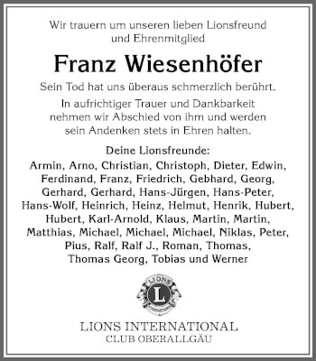 Traueranzeige von Franz Wiesenhöfer von Allgäuer Anzeigeblatt