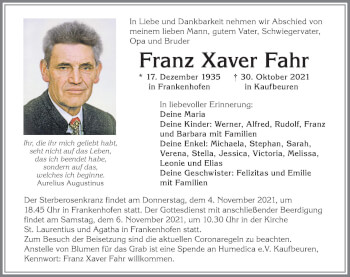 Traueranzeige von Franz Xaver Fahr von Allgäuer Zeitung, Kaufbeuren/Buchloe