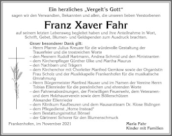 Traueranzeige von Franz Xaver Fahr von Allgäuer Zeitung, Kaufbeuren/Buchloe