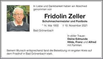 Traueranzeige von Fridolin Zeller von Memminger Zeitung