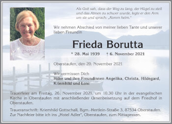 Traueranzeige von Frieda Borutta von Allgäuer Anzeigeblatt