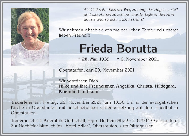  Traueranzeige für Frieda Borutta vom 20.11.2021 aus Allgäuer Anzeigeblatt