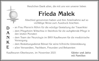 Traueranzeige von Frieda Malek von Allgäuer Zeitung, Marktoberdorf