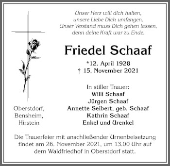 Traueranzeige von Friedel Schaaf von Allgäuer Anzeigeblatt