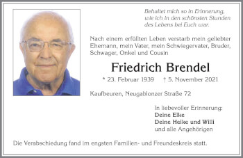 Traueranzeige von Friedrich Brendel von Allgäuer Zeitung, Kaufbeuren/Buchloe