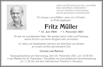 Traueranzeige von Fritz Müller von Allgäuer Zeitung,Kempten