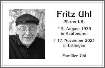 Traueranzeige von Fritz Uhl von Allgäuer Zeitung, Kaufbeuren/Buchloe