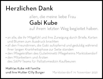 Traueranzeige von Gabi Kube von Allgäuer Zeitung, Marktoberdorf