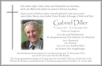 Traueranzeige von Gabriel Diller von Allgäuer Zeitung, Füssen