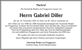 Traueranzeige von Gabriel Diller von Allgäuer Zeitung, Füssen