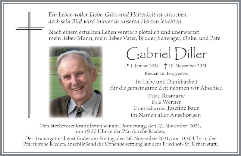  Traueranzeige für Gabriel Diller vom 24.11.2021 aus Allgäuer Zeitung, Füssen