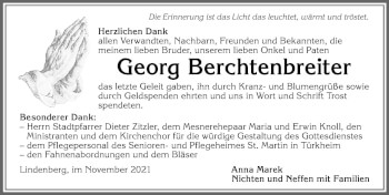Traueranzeige von Georg Berchtenbreiter von Allgäuer Zeitung, Kaufbeuren/Buchloe