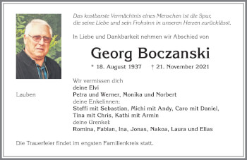 Traueranzeige von Georg Boczanski von Allgäuer Zeitung,Kempten