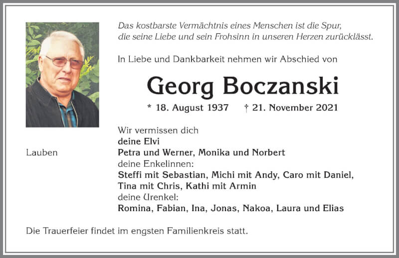  Traueranzeige für Georg Boczanski vom 24.11.2021 aus Allgäuer Zeitung,Kempten