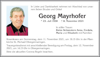 Traueranzeige von Georg Mayrhofer von Allgäuer Zeitung, Kaufbeuren/Buchloe