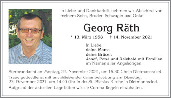Traueranzeige von Georg Räth von Allgäuer Zeitung,Kempten