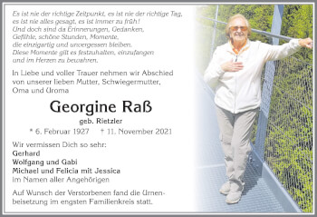 Traueranzeige von Georgine Raß von Allgäuer Zeitung, Kaufbeuren/Buchloe