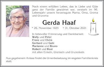 Traueranzeige von Gerda Haaf von Allgäuer Zeitung, Kaufbeuren/Buchloe