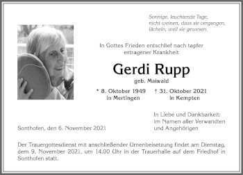 Traueranzeige von Gerdi Rupp von Allgäuer Anzeigeblatt