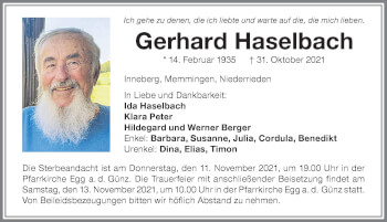 Traueranzeige von Gerhard Haselbach von Memminger Zeitung