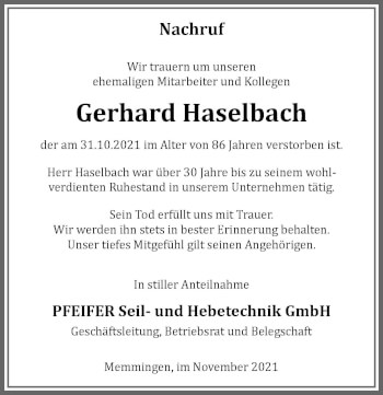 Traueranzeige von Gerhard Haselbach von Memminger Zeitung