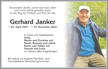 Traueranzeige von Gerhard Janker von Allgäuer Zeitung,Kempten