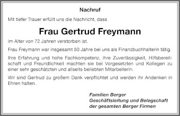 Traueranzeige von Gertrud Freymann von Memminger Zeitung