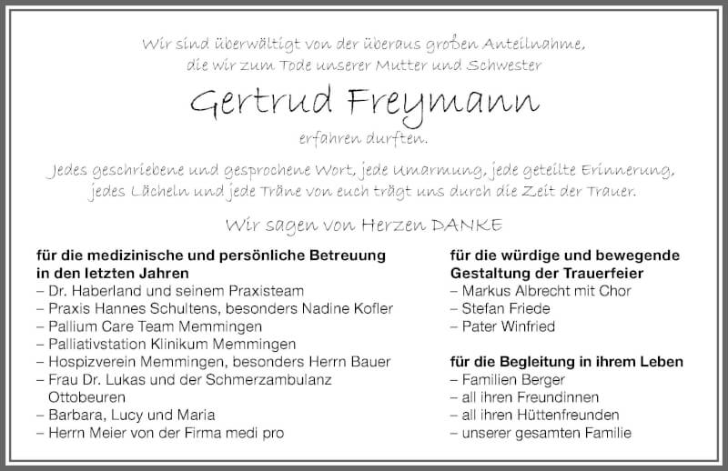  Traueranzeige für Gertrud Freymann vom 13.11.2021 aus Memminger Zeitung