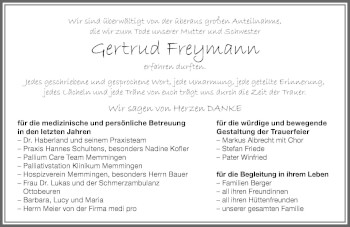 Traueranzeige von Gertrud Freymann von Memminger Zeitung