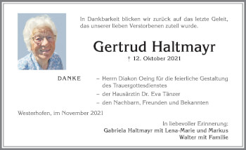Traueranzeige von Gertrud Haltmayr von Allgäuer Anzeigeblatt