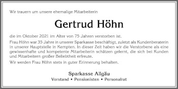 Traueranzeige von Gertrud Höhn von Allgäuer Zeitung,Kempten
