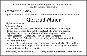 Traueranzeige von Gertrud Maier von Allgäuer Zeitung, Kaufbeuren/Buchloe