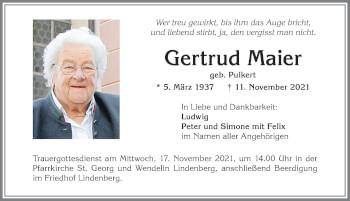 Traueranzeige von Gertrud Maier von Allgäuer Zeitung, Kaufbeuren/Buchloe