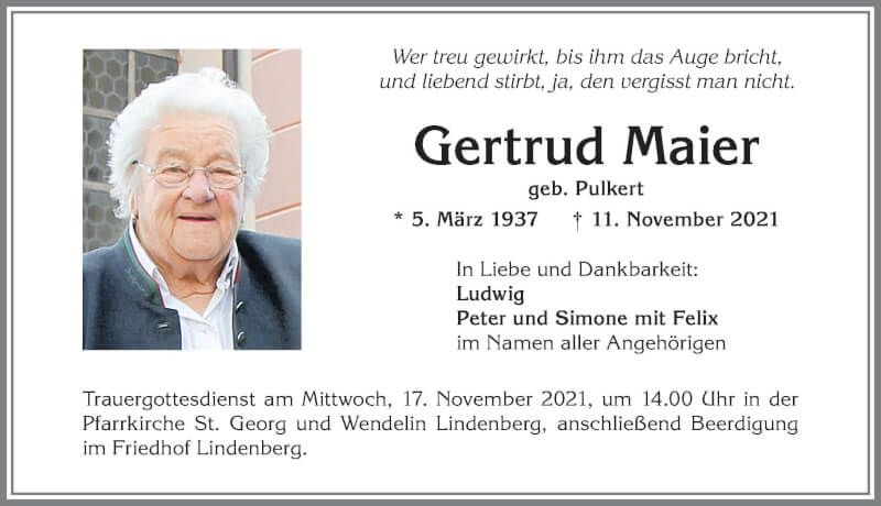  Traueranzeige für Gertrud Maier vom 13.11.2021 aus Allgäuer Zeitung, Kaufbeuren/Buchloe