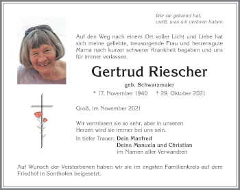 Traueranzeige von Gertrud Riescher von Allgäuer Anzeigeblatt