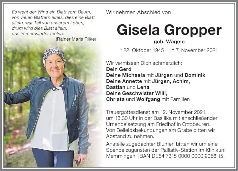  Traueranzeige für Gisela Gropper vom 10.11.2021 aus Memminger Zeitung