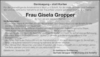 Traueranzeige von Gisela Gropper von Memminger Zeitung