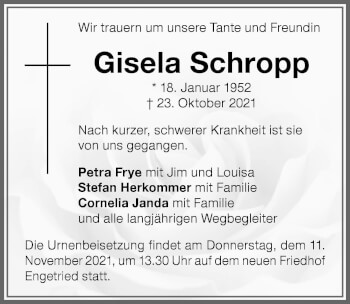 Traueranzeige von Gisela Schropp von Memminger Zeitung
