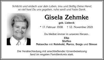 Traueranzeige von Gisela Zehmke von Allgäuer Zeitung, Marktoberdorf